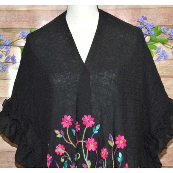 Womens Black Embroidered Floral Open Front Cover Up Cardigan Plus Size 4X Ruffle - Picture 2 of 10